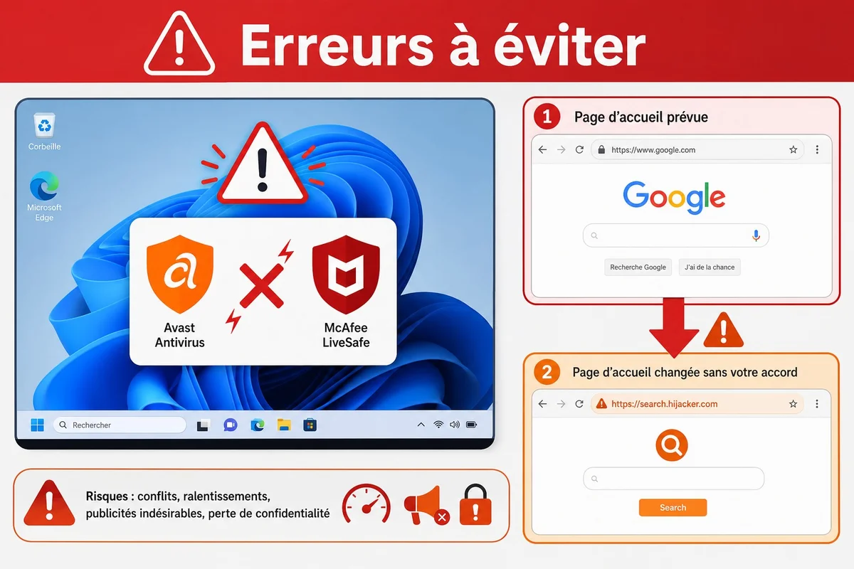 Illustration des erreurs courantes avec les antivirus gratuits Windows 11 : double installation, faux positifs, paramètres par défaut