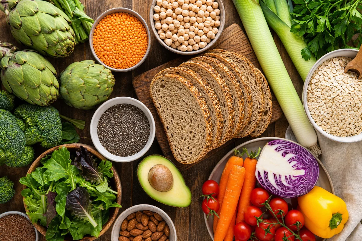 Légumes, légumineuses et céréales complètes riches en fibres pour nourrir le microbiote intestinal