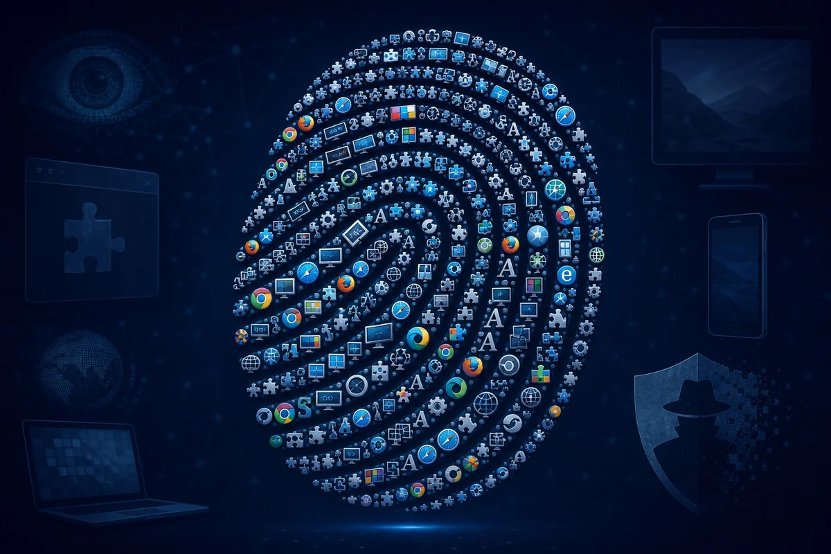 Illustration conceptuelle du fingerprinting navigateur avec une empreinte digitale composée d'éléments techniques comme résolution d'écran et polices