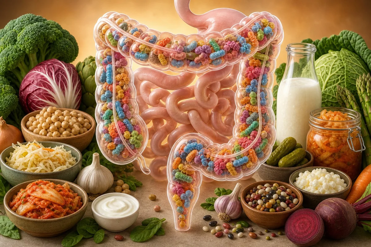 Illustration scientifique du microbiote intestinal avec des bactéries colorées et des aliments riches en fibres