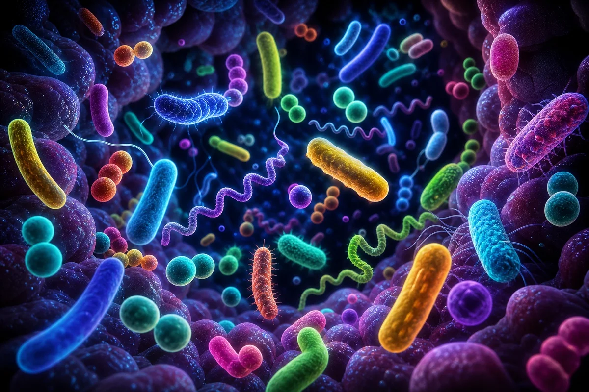 Représentation microscopique de la diversité bactérienne du microbiote intestinal humain