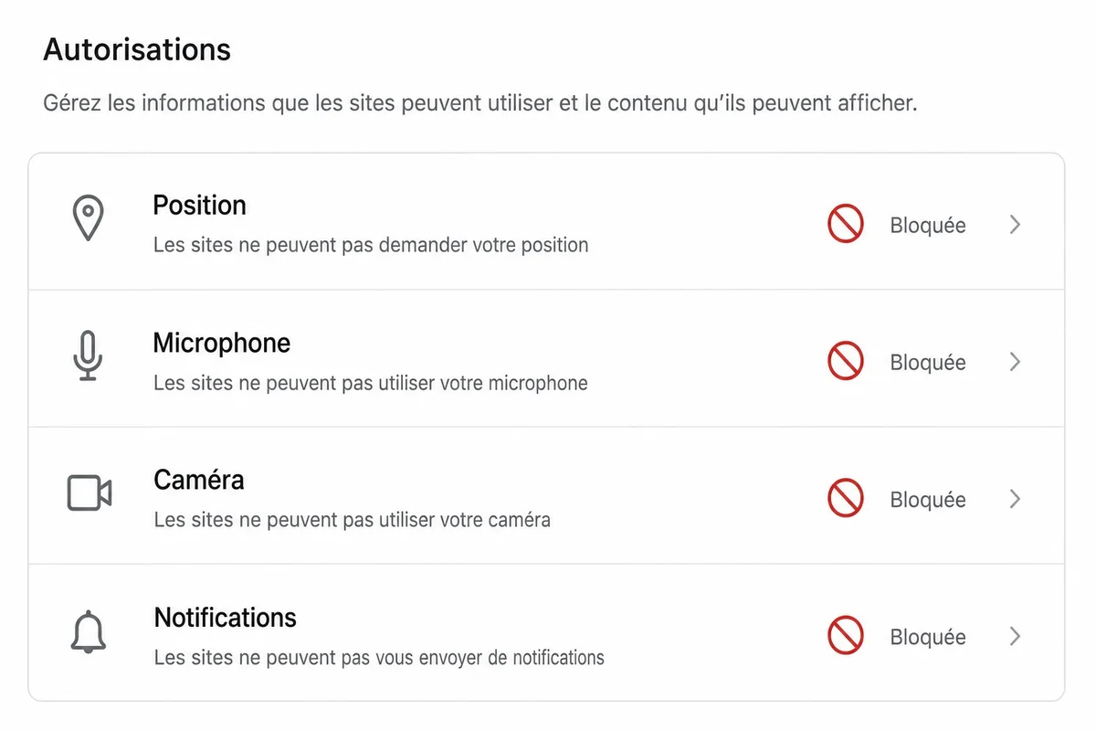 Écran de paramètres de permissions de sites web avec localisation, microphone et caméra réglés sur Bloquer