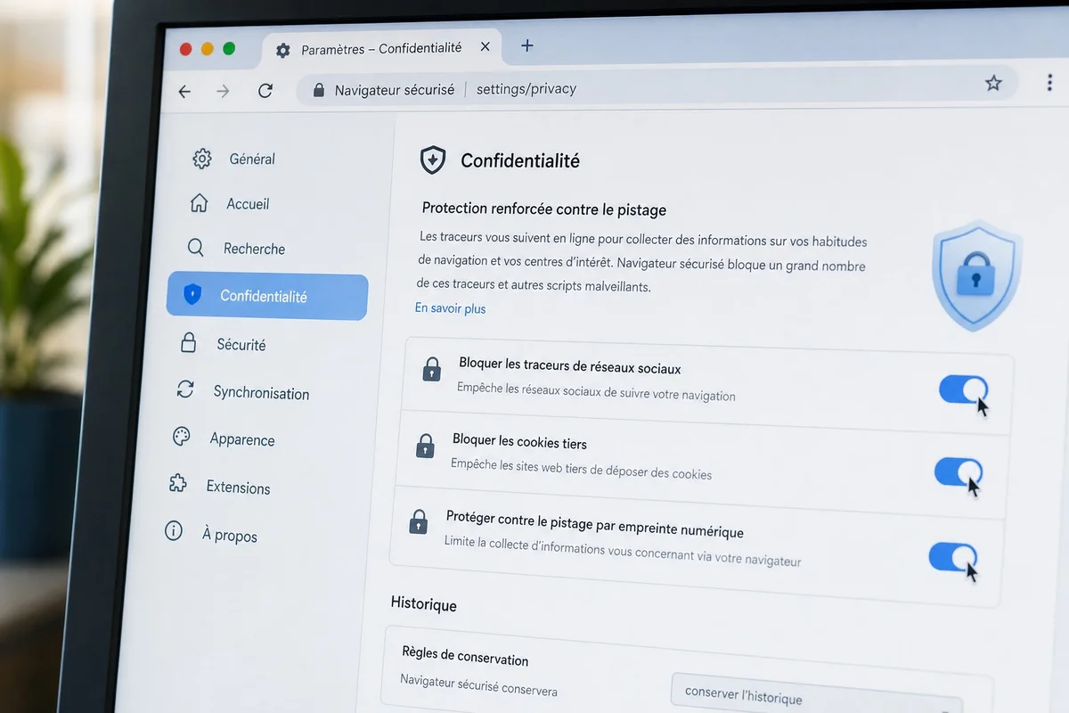 Écran d'ordinateur affichant les paramètres de confidentialité d'un navigateur web avec cadenas et icônes de protection des données