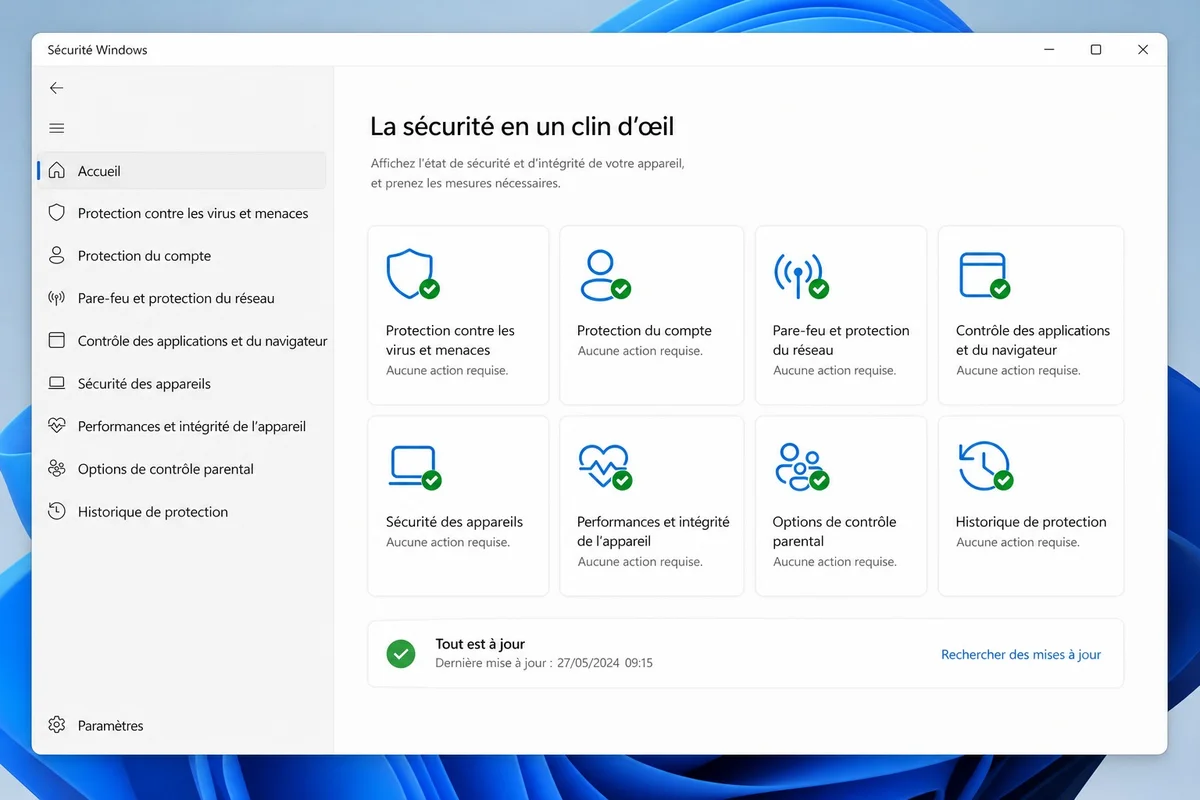 Interface Windows Defender sur Windows 11 montrant le tableau de bord de protection en temps réel