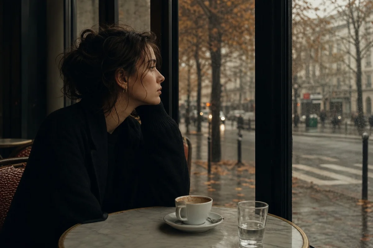 Personne seule à une table de café regardant par la fenêtre, repli social lié au burn-out