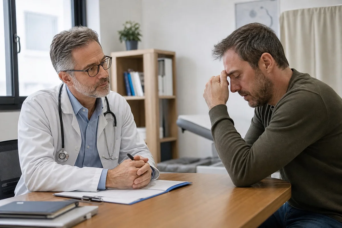 Médecin généraliste en consultation attentive avec un patient visiblement épuisé