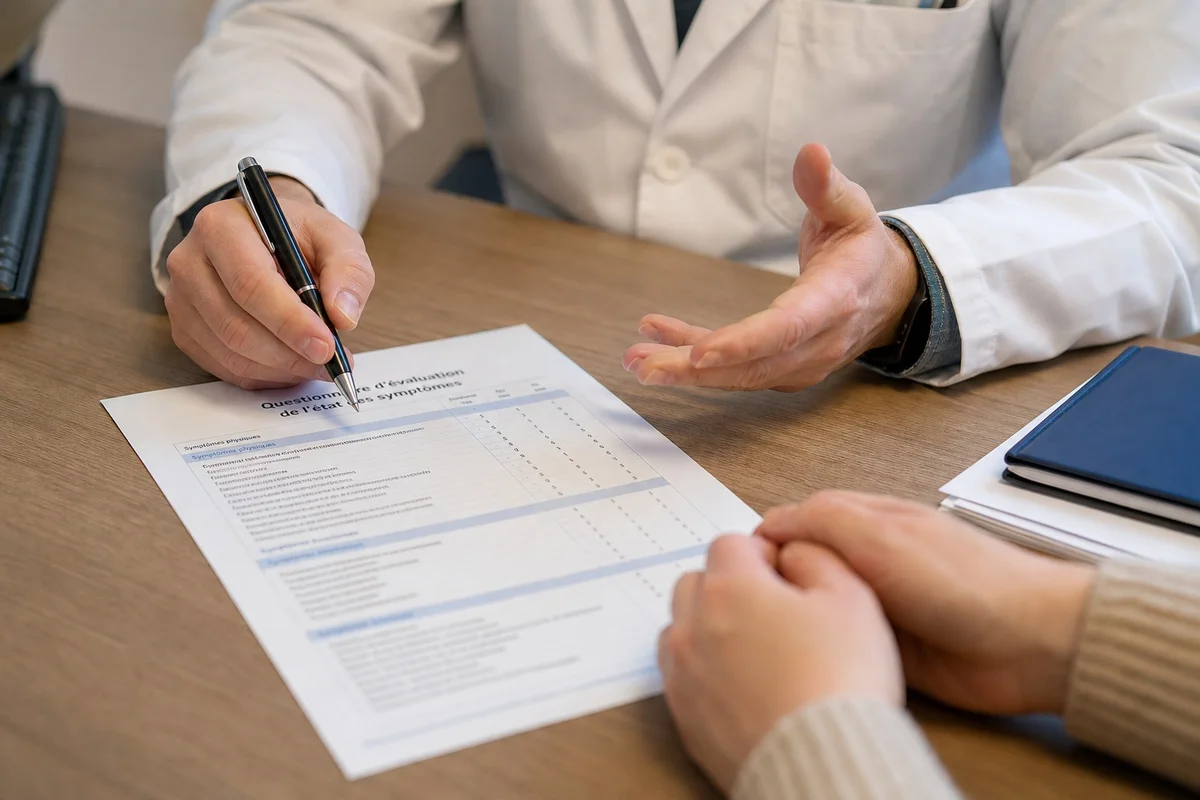 Médecin remplissant un questionnaire d'évaluation du burn-out avec un patient