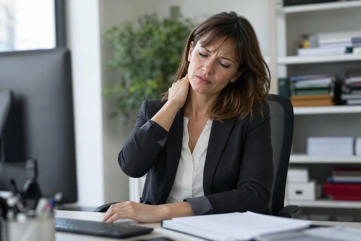 Femme tenant son épaule douloureuse au bureau, symptôme somatique du burn-out