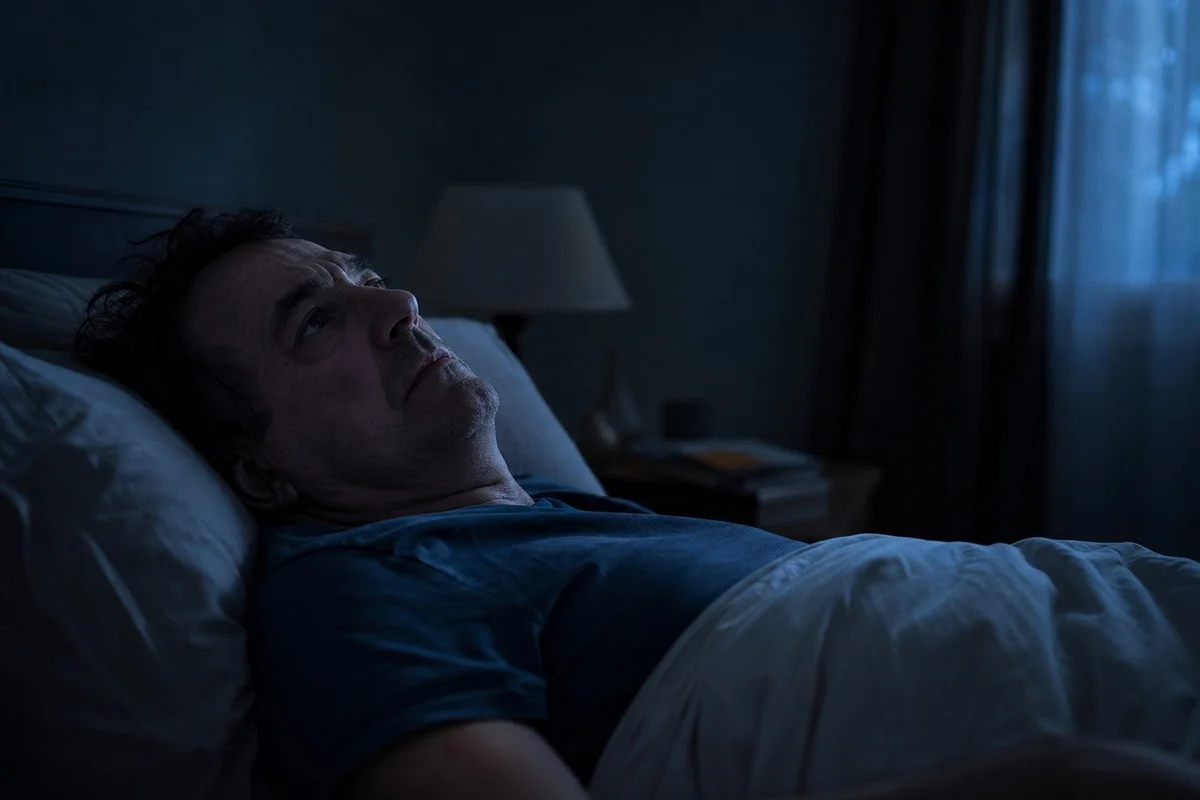 Homme réveillé la nuit fixant le plafond, insomnie liée au burn-out
