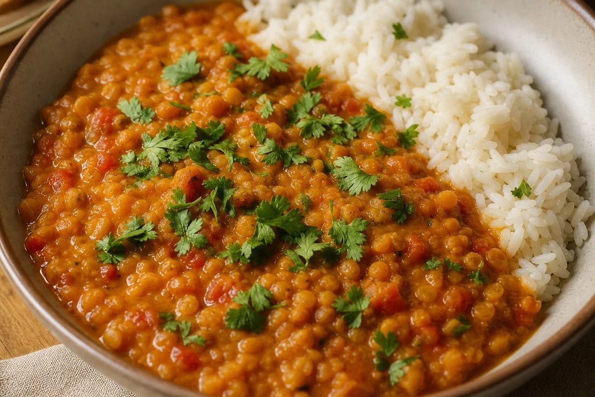 Dahl de lentilles corail épicé servi avec riz blanc dans un bol