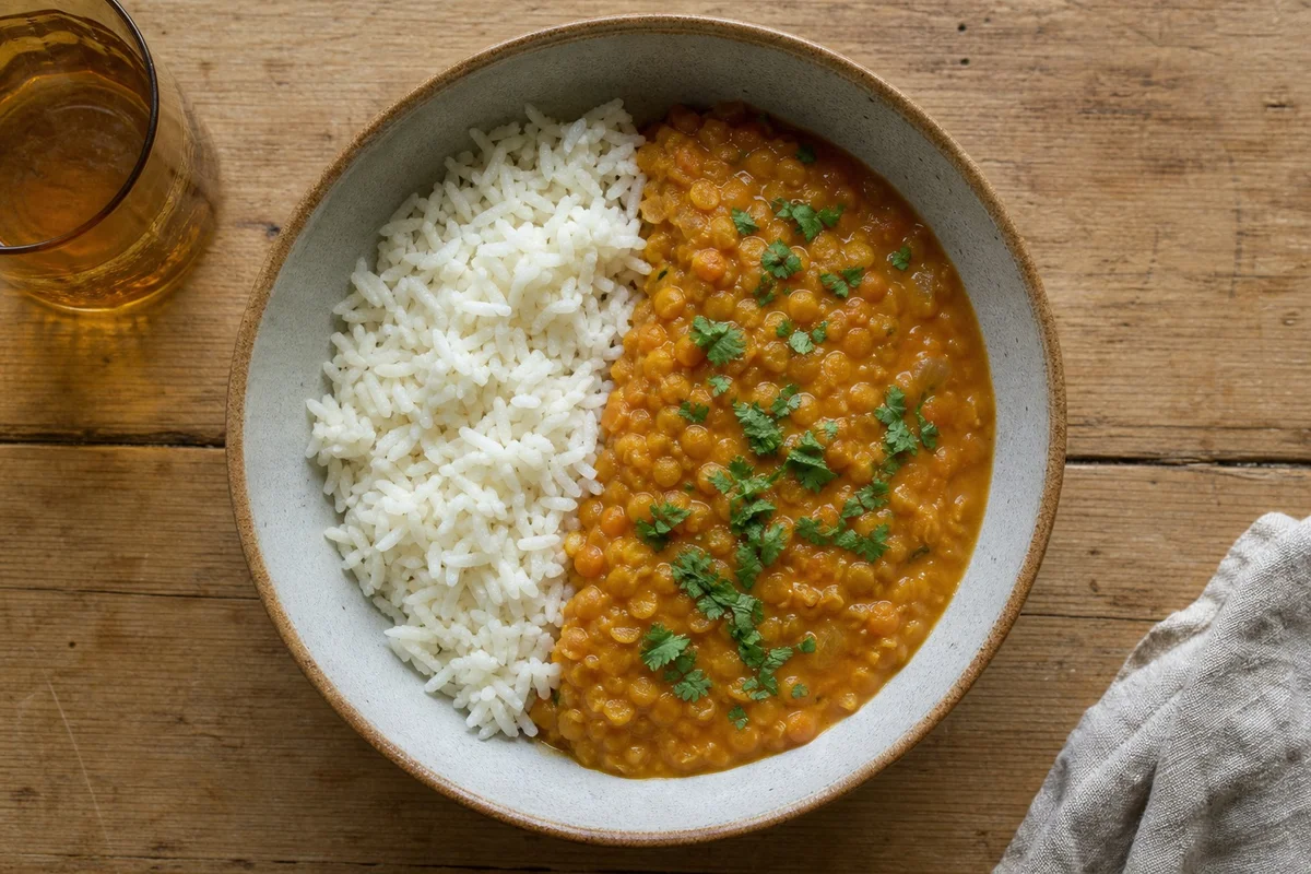 Assiette de dahl de lentilles corail avec riz, repas économique à moins de 3 euros