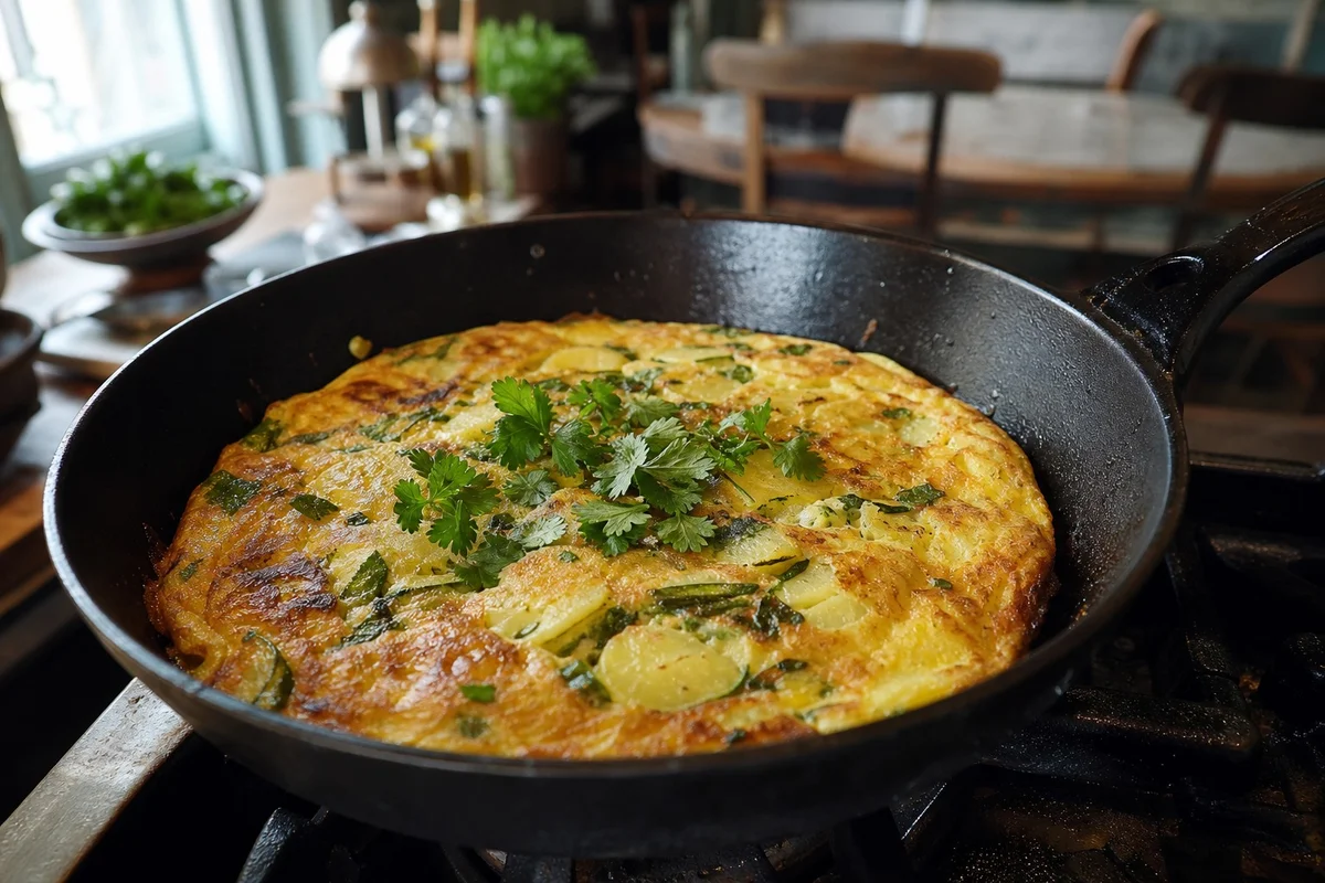 Omelette dorée aux légumes et pommes de terre dans une poêle