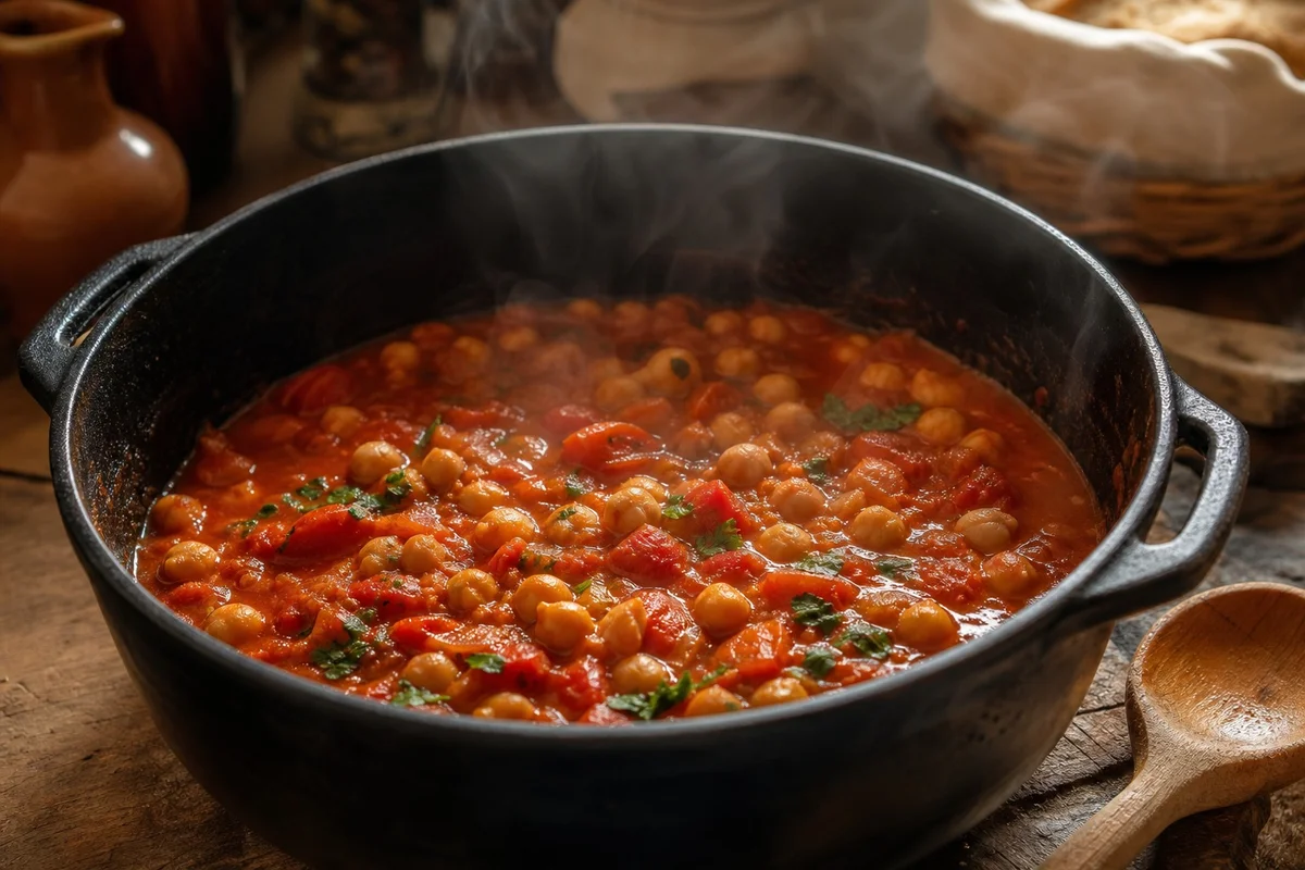 Ragoût de pois chiches à la tomate et aux épices dans une cocotte