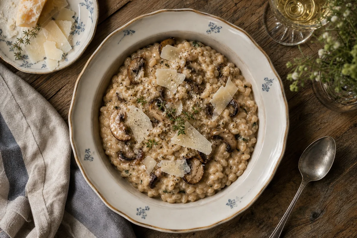 Risotto d'orge perlé crémeux aux champignons dans une assiette creuse